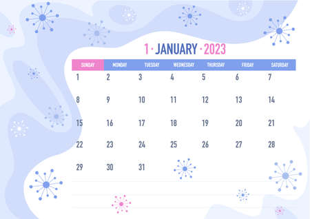January month. Business calendar 2023 year. Calendar layout. The week starts on Sunday. Horizontalのイラスト素材