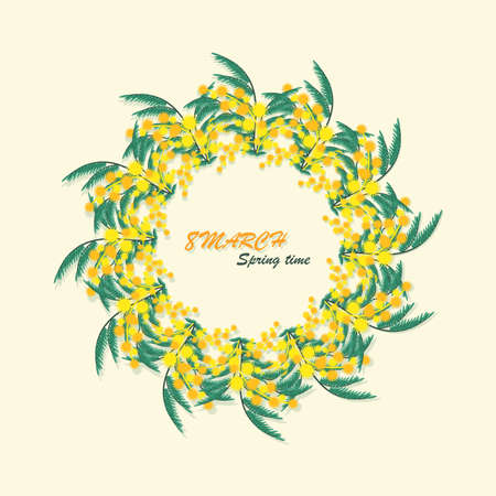 Mimosa. MARCH 8. Spring time. Spring floral background. Vector floral wreath. Festive bouquet.のイラスト素材