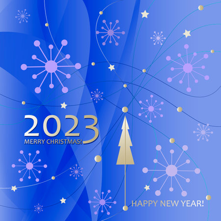 New Year. Postcard, poster. Merry Christmas 2023. Winter abstract background with snowflakes, stars