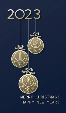 2023. Christmas toys. Festive garland with rabbit, fir tree and snowflakes on christmas balls.のイラスト素材