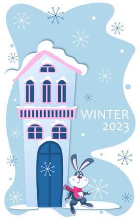 Winter 2023. Funny winter. Vector poster, background, festive template with cartoon character.のイラスト素材