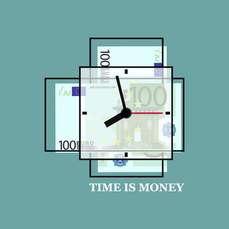 100. Euro banknotes, bills. Clock. Time is money. Several euros with a dial on a green matte background. Emblemのイラスト素材
