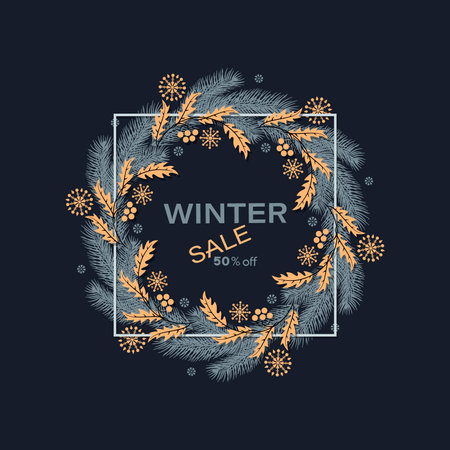 Christmas wreath. Holly branches. Sale. Holiday discounts. Poster, banner with a profitable offer.のイラスト素材