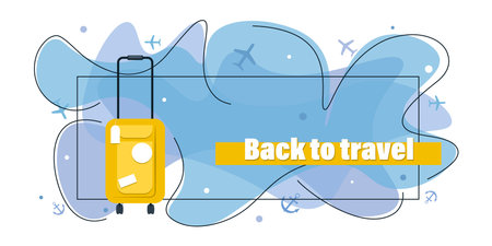 Back to travel. Yellow suitcase, travel bag. Concept of travel by air, by sea. Vector banner with place for text.のイラスト素材
