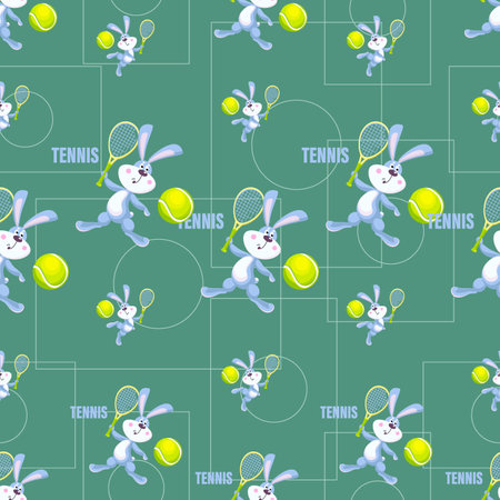 Rabbit tennis player vector background. Cartoon rabbit with racket and tennis ball plays tennis.のイラスト素材