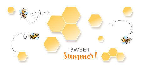 Cartoon bee. Honeycombs. Swarm of bees. Vector bee background. Bee flies along a dotted pathのイラスト素材