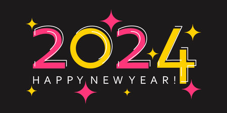 2024 Happy new year. Design elements for calendar. Flat geometry on black background. Bright text.のイラスト素材