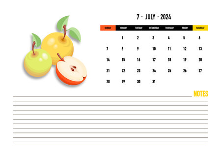 Ripe apples. July, month 2024. Healthy food calendar template. Page. Diary planner, minimalist styleのイラスト素材