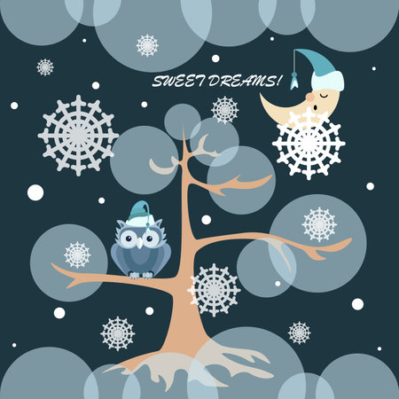 Owl. Winter night. Month. Sweet dreams. Design for poster, postcard, banner. Can be used to print.のイラスト素材