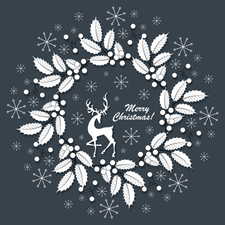 Cute vector deer. Holly branch, berries with snowflakes in a Christmas wreath on a gray background.のイラスト素材