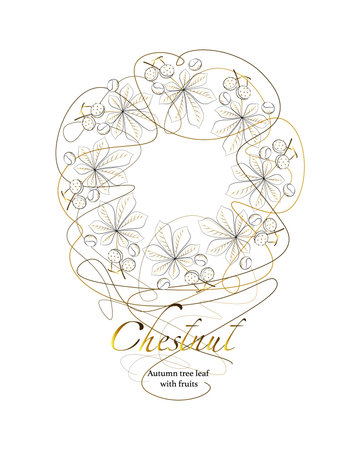 Chestnut. Round frame. Autumn tree leaves with fruits. Linear vector drawing with place for text.のイラスト素材