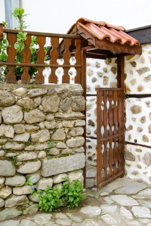 Open wooden door of a house in Melnik, Bulgariaの写真素材