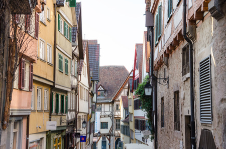 Street view of Tubingen old town  Tubingen is a traditional university town in central Baden-Wurttemberg, Germany  It is situated 30 km south of the state capital, Stuttgart, on a ridge between the Neckar and Ammer rivers  のeditorial素材