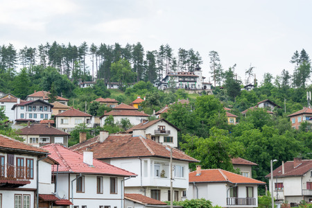 Street view of typical old Bulgarian architecture, Tryavna, Bulgariaの写真素材