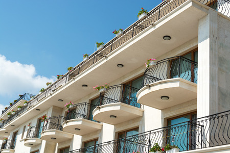Low angle view of hotel balconies in Balchik, Varna province, Bulgariaのeditorial素材