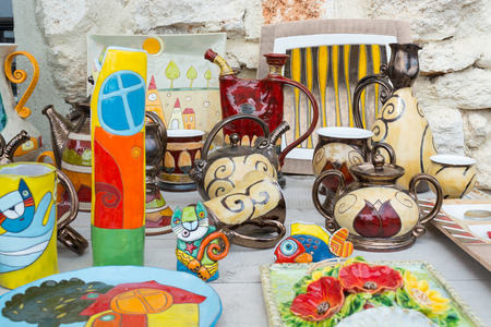 Typical colorful souvenirs in Bulgarian style at a souvenir stand in Balchik, Varna, Bulgaria.の写真素材