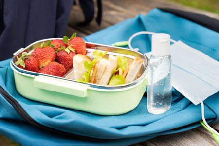 Lunchbox with sandwiches, strawberries, sanitizer, face mask on blue backpack.School girl in blue dress has lunch break with healthy box on bench in park.Hands hygiene,safety precautions, coronavirusの写真素材