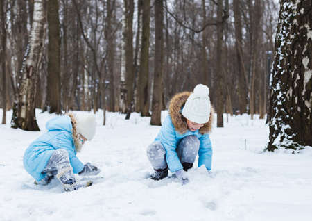 Little girls, sisters are walking, having fun in snowy winter park. Stylish clothes, blue jackets with fur, warm pants with snowflakes, cat-shaped mittens.Family picnic in cold weather.Outdoor activity.の写真素材