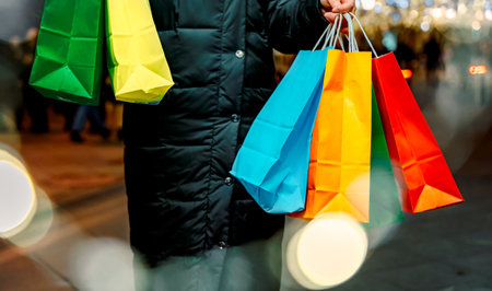 Christmas shopping of young beautiful woman. Colorful bright paper bags with gifts,presents.Walking...