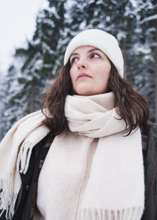A young girl walks in a beautiful winter forest among tall trees, firs, covered with snow. Magnificent nature and views. Fashionable image, clothes, parka, hat, mittens, blue jeans.の写真素材