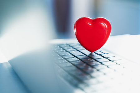 Big red heart on laptop keyboard. Valentine's day holiday concept. Online love, remote communication...