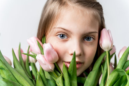 Little beautiful happy girl holding bunch of pink, green tulips in hands. Bouquet, congratulations to the holiday of mother, valentine's. International Women's Day, 8 March.Spring,summer time concept.の写真素材
