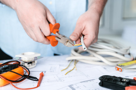 Man repairer making electricity project in house.Repairs planning.Drawing,diagrams,plan of electrification of apartment,building.Devices,accessories,voltmeter,wires,screwdriver,pliers and tape measureの写真素材