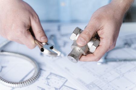 Plumbing project in house.Drawing,diagrams,plan of water supply of apartment,building.Man repairer...