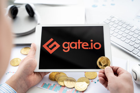Russia Moscow 05/06/2021.Businessman with tablet.Logo of cryptocurrency stock exchange...