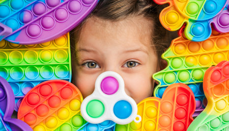Little girl,kid,child plays with colorful children's room, bedroom.Funny trendy silicone anti stress colorful sensory push toy .Flapping fidget.Rainbow color.Cure of autism.Stress reliever.の写真素材