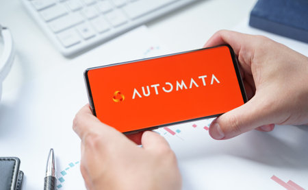 Russia, Moscow 08.06.2021. Logo of automata Network, ATA token in mobile phone. Decentralized protocol that provides middleware-like traceless privacy services for applications on multiple platforms.のeditorial素材