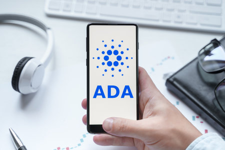 Russia Moscow 08.06.2021 Logo of Cardano coin in mobile phone. Cryptocurrency token ADA. Trading blockchain platform to buy,sell on decentralized exchange DEX. Digital money.Business,investing.のeditorial素材