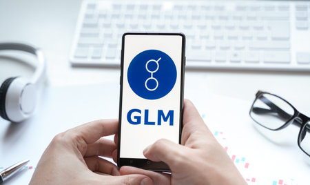 Russia Moscow 08.06.2021. Logo of Golem Network, GLM cryptocurrency token, crypto coin in mobile phone. Decentralized marketplace for computing power.のeditorial素材