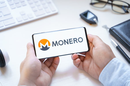 Russia Moscow 12.06.2021 Logo of Monero coin in mobile phone. Cryptocurrency XMR token. Trading blockchain platform to buy,sell on decentralized exchange DEX. Digital money.Business,investing.のeditorial素材