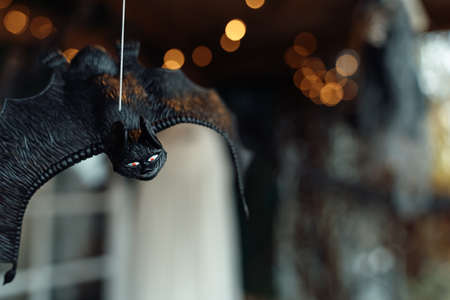 Big scary black flying hanging toy mouse.Sparkling garland, lights.Decorating of porch outdoor on...