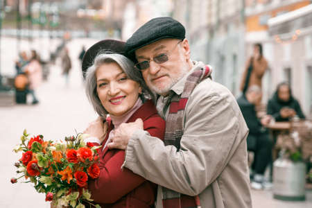 Elderly senior love couple. Old retired man woman together on romantic date.Aged husband wife...