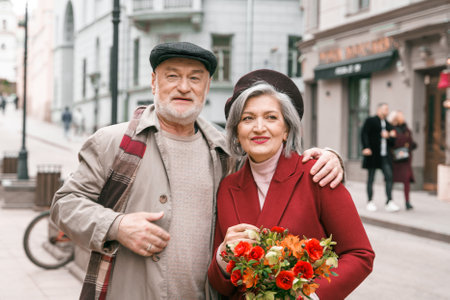 Elderly senior love couple. Old retired man woman together on romantic date.Aged husband wife walking on city street with flowers.Stylish elder hugging people pensioner in red coat.Happy family years.の写真素材