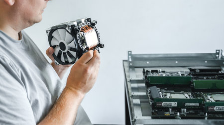 Man engineer,collector.Independent self computer assembly. Mounting in sockets processor,random access memory RAM,motherboard,fan. Assembly of home crypto farm.Generating tokens,cryptocurrency mining.の写真素材