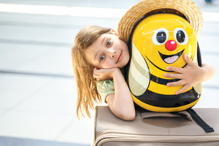 Girl with big funny suitcase, bag in airport terminal. Waiting for boarding to flight. Happy family vacation travel.Luggage baggage check in departure hall.Summer sea journey.Arrival for holiday trip.の写真素材