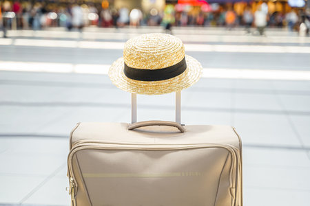 Straw hat on big suitcase, bag in airport terminal. Waiting for boarding to flight. Family vacation travel. Luggage baggage check in departure hall. Summer sea tour. Arrival for holiday trip.の写真素材