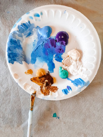 Turkey Marmaris 01.04.2023 Painting masterclass. Art party in restaurant. glass of wine. Aquarelle watercolor, acrylic paints. beginner class. Seascape nautical marine theme, sea boats, ships sails.の写真素材