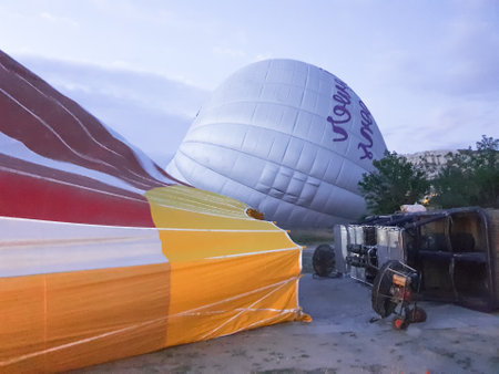 Process of launching many colored beautiful balloons into the air in Cappadocia in mountains early at dawn. Filling balloon with hot air from burner, preparing basket. Excursion,flight for tourists above.の写真素材