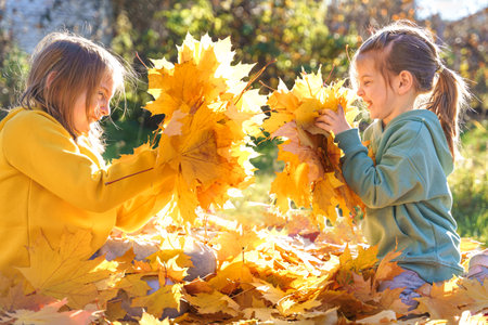 Girls kids playing jumping on trampoline with autumn leaves. Bright yellow orange maple foliage. Children walking, having fun in fall backyard. Outdoor funny happy season family activity, autumn park.の写真素材