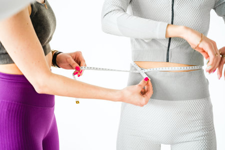 Measurement waist size with measuring tape. Slim woman training with yoga coach, personal trainer, fitness instructor in gym. Weight, belly fat loss program. Workout, exercises at home in sportswear.の写真素材