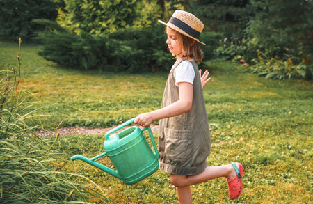 Farmer girl in summer straw hat. Little gardener farming, watering flowerbed with pink flowers, having fun in garden. Big green watering can water. Harvest help work. Cultivation plants, countryside.の写真素材