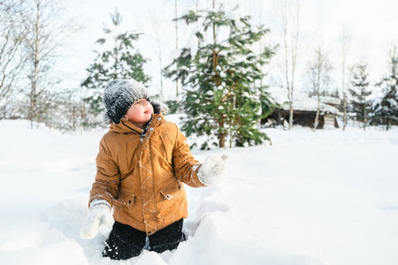 Little cute boy in black hat,orange jacket is lying,playing in snow. Kid walking in beautiful frozen forest,park among fir snowy trees. Winter vacation entertainment in village country house backyard.の写真素材