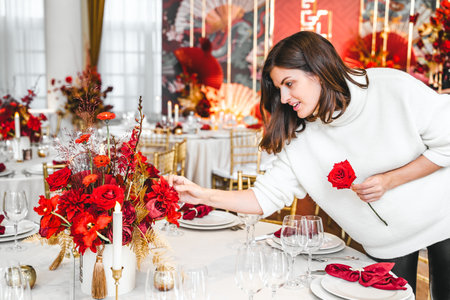 Red gold color flower decor for Chinese New Year celebration. Girl woman florist, decorator, organizer of events, parties, wedding planner making floral arrangement, festive bouquet, table decoration.の写真素材