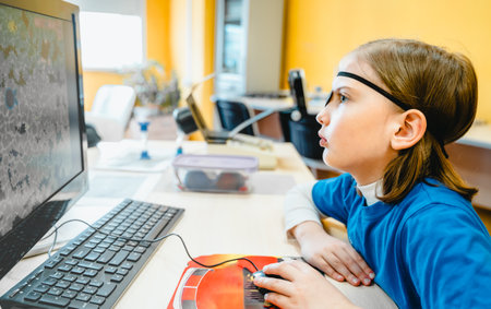 Little girl in medical office undergoing advanced laser vision treatment, correction for eyes health. Pediatric ophthalmology procedure. Visual acuity, strabismus improvement. Advanced technology.の写真素材