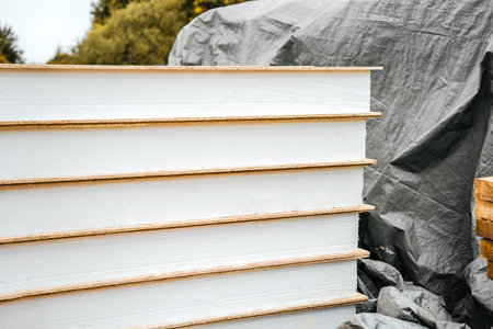 Building construction of wooden frame house made of SIP structural insulated panels. OSB oriented strand board, EPS expanded polystyrene. Energy-efficient eco-friendly green Canadian technology.の写真素材