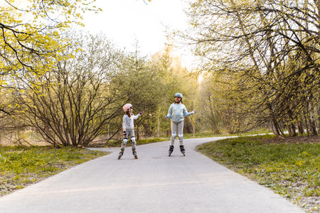 Two girls rollerblading on park path in spring, wearing helmets and knee pads. Children enjoy outdoor sport, combining fun and movement with healthy lifestyle, safety, joy, play and nature outdoorsの写真素材